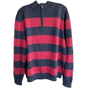 BROOKS BROTHERS Mens 100% Merino Wool 1/4 Zip Blue Red Stripe Sweater Sz XL